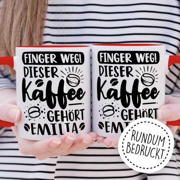 Kaffee-Tasse personalisiert mit Spruch lustig - FINGER WEG! Dieser Kaffee gehört eigener Name - Geschenk personalisierbar Geschenk-Idee Büro personalisieren Kaffee-Becher (Weiß & Rot) 4