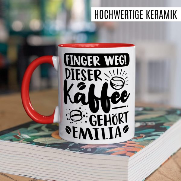 Kaffee-Tasse personalisiert mit Spruch lustig - FINGER WEG! Dieser Kaffee gehört eigener Name - Geschenk personalisierbar Geschenk-Idee Büro personalisieren Kaffee-Becher (Weiß & Rot) 5