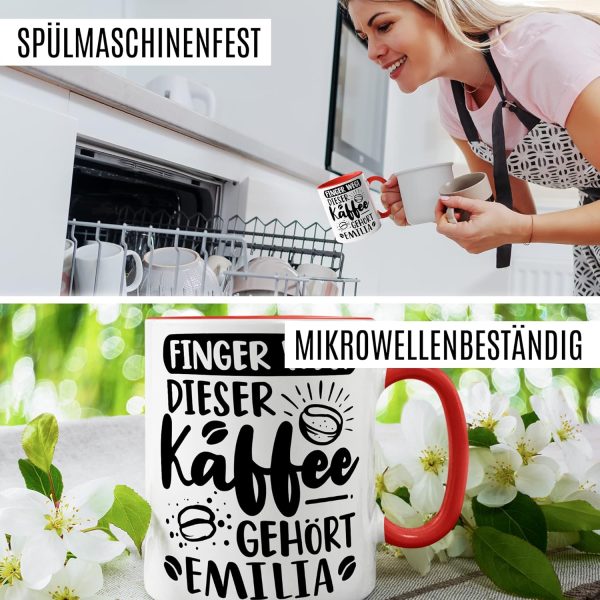 Kaffee-Tasse personalisiert mit Spruch lustig - FINGER WEG! Dieser Kaffee gehört eigener Name - Geschenk personalisierbar Geschenk-Idee Büro personalisieren Kaffee-Becher (Weiß & Rot) 6