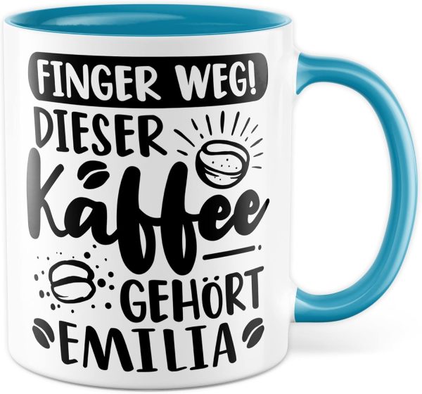 Kaffee-Tasse personalisiert mit Spruch lustig - FINGER WEG! Dieser Kaffee gehört eigener Name - Geschenk personalisierbar Geschenk-Idee Büro personalisieren Kaffee-Becher (Weiß & Blau) 1