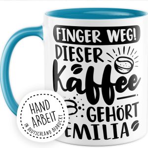 Kaffee-Tasse personalisiert mit Spruch lustig - FINGER WEG! Dieser Kaffee gehört eigener Name - Geschenk personalisierbar Geschenk-Idee Büro personalisieren Kaffee-Becher (Weiß & Blau) 8
