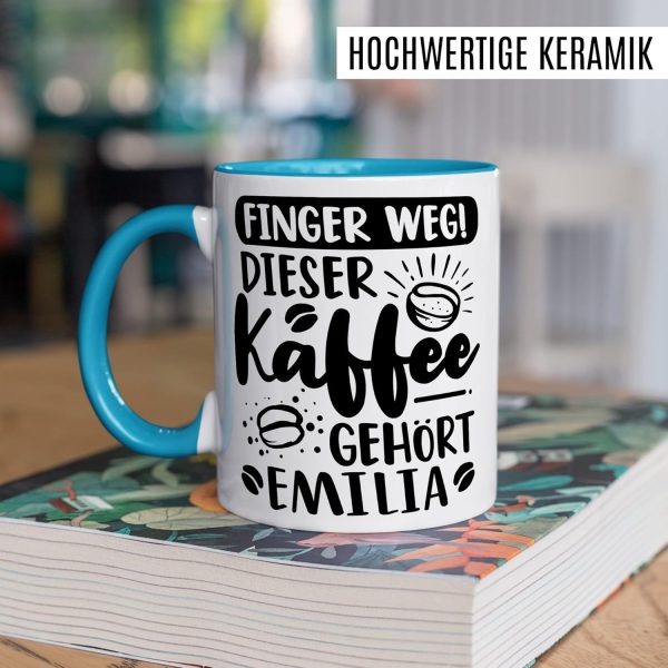 Kaffee-Tasse personalisiert mit Spruch lustig - FINGER WEG! Dieser Kaffee gehört eigener Name - Geschenk personalisierbar Geschenk-Idee Büro personalisieren Kaffee-Becher (Weiß & Blau) 5