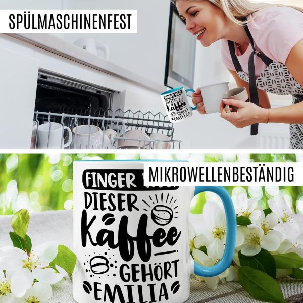 Kaffee-Tasse personalisiert mit Spruch lustig - FINGER WEG! Dieser Kaffee gehört eigener Name - Geschenk personalisierbar Geschenk-Idee Büro personalisieren Kaffee-Becher (Weiß & Blau) 6