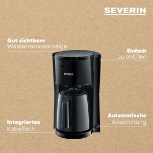 SEVERIN Filterkaffeemaschine mit Thermokanne, Kaffeemaschine für bis zu 8 Tassen, ansprechende Filtermaschine mit Isolierkanne, schwarz, 1 Liter, KA 9306 13