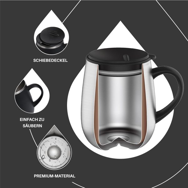 Ideus Kaffeebecher 470 ml (16 oz), doppelwandige vakuumisolierte Kaffee- und Teetasse aus Edelstahl mit rutschfestem Griff und Schiebemoduldeckel und großem Volumen (Schwarz) 3