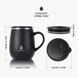 Ideus Kaffeebecher 470 ml (16 oz), doppelwandige vakuumisolierte Kaffee- und Teetasse aus Edelstahl mit rutschfestem Griff und Schiebemoduldeckel und großem Volumen (Schwarz) 15