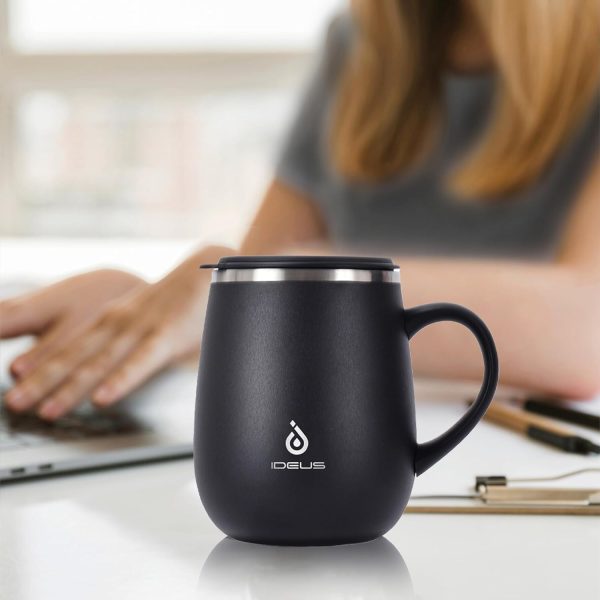Ideus Kaffeebecher 470 ml (16 oz), doppelwandige vakuumisolierte Kaffee- und Teetasse aus Edelstahl mit rutschfestem Griff und Schiebemoduldeckel und großem Volumen (Schwarz) 7