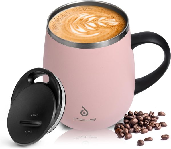 Ideus Kaffeebecher 470 ml (16 oz), doppelwandige vakuumisolierte Kaffee- und Teetasse aus Edelstahl mit rutschfestem Griff und Schiebemoduldeckel und großem Volumen (Hellrosa) 1