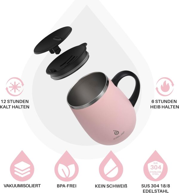 Ideus Kaffeebecher 470 ml (16 oz), doppelwandige vakuumisolierte Kaffee- und Teetasse aus Edelstahl mit rutschfestem Griff und Schiebemoduldeckel und großem Volumen (Hellrosa) 2