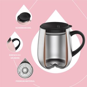 Ideus Kaffeebecher 470 ml (16 oz), doppelwandige vakuumisolierte Kaffee- und Teetasse aus Edelstahl mit rutschfestem Griff und Schiebemoduldeckel und großem Volumen (Hellrosa) 11