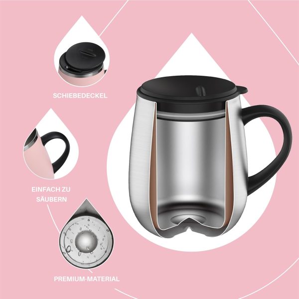 Ideus Kaffeebecher 470 ml (16 oz), doppelwandige vakuumisolierte Kaffee- und Teetasse aus Edelstahl mit rutschfestem Griff und Schiebemoduldeckel und großem Volumen (Hellrosa) 3