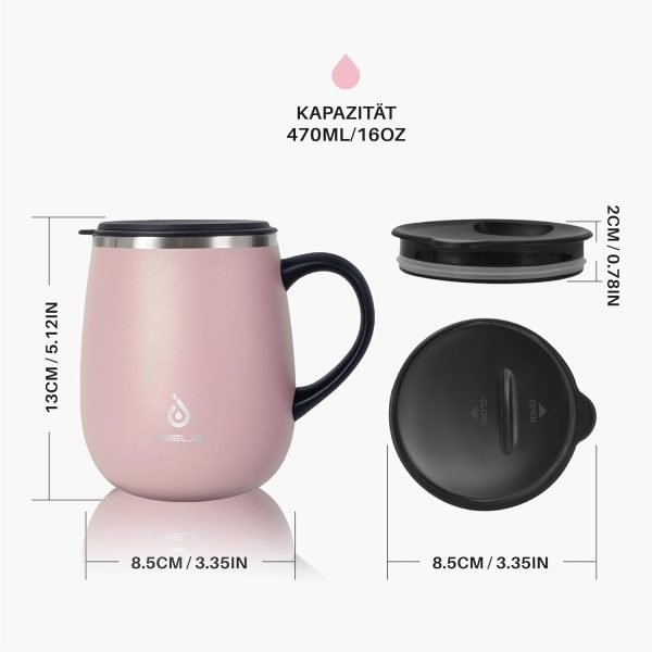 Ideus Kaffeebecher 470 ml (16 oz), doppelwandige vakuumisolierte Kaffee- und Teetasse aus Edelstahl mit rutschfestem Griff und Schiebemoduldeckel und großem Volumen (Hellrosa) 5