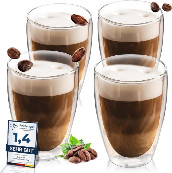 ElbFuchs® Doppelwandige Latte Macchiato Gläser Set [4x 350ml] Kristallklare Thermogläser doppelwandig | Ideal als Cappuccino Gläser | Kaffegläser | Teegläser 1