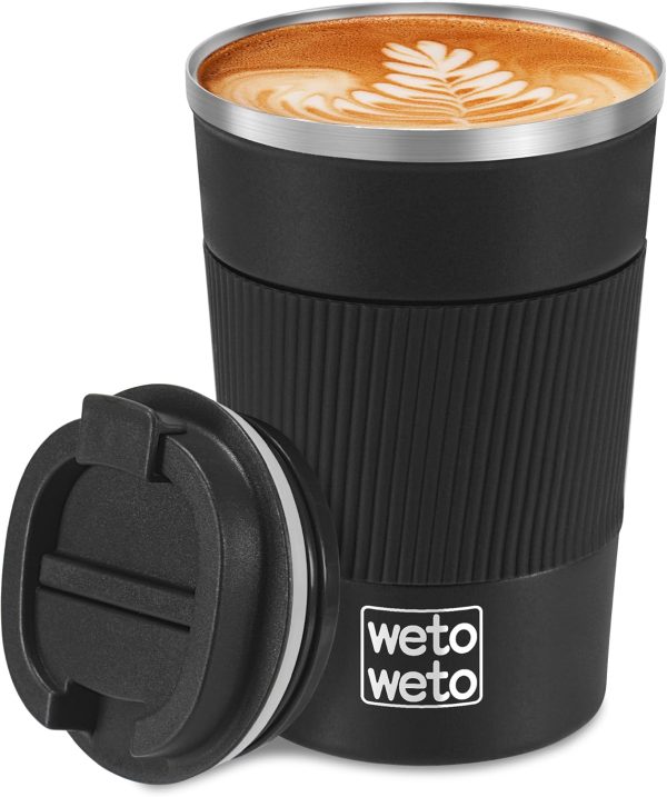 WETOWETO 380ml Kaffeebecher, isolierter Reise-Kaffeebecher, Edelstahl-Kaffeebecher, auslaufsicherer Kaffeebecher mit Deckel, tragbarer Thermobecher, Kaffeebecher (schwarz) 1