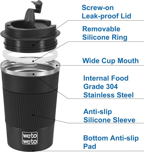 WETOWETO 380ml Kaffeebecher, isolierter Reise-Kaffeebecher, Edelstahl-Kaffeebecher, auslaufsicherer Kaffeebecher mit Deckel, tragbarer Thermobecher, Kaffeebecher (schwarz) 3