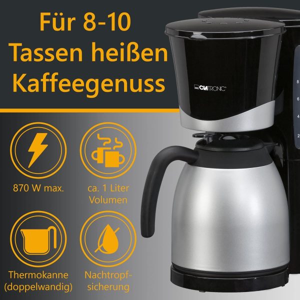 Clatronic® Kaffeemaschine mit Thermokanne | Kaffeeautomat für 8-10 Tassen | Filterkaffee | Tropfstopp & Auto-Abschaltung | Filtereinsatz herausnehmbar | Wasserstandsanzeige | 1 Liter | KA 3327 schwarz 2