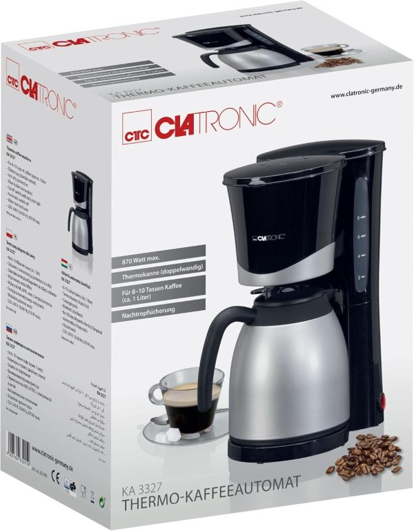 Clatronic® Kaffeemaschine mit Thermokanne | Kaffeeautomat für 8-10 Tassen | Filterkaffee | Tropfstopp & Auto-Abschaltung | Filtereinsatz herausnehmbar | Wasserstandsanzeige | 1 Liter | KA 3327 schwarz 7
