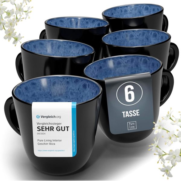 Steingut Kaffeetassen 6 Pers. Ibiza Hochwertiges Mediterranes TEST SEHR GUT Tassen Set, Spülmaschinen-, Mikrowellen- und Kratzfest - Stylisches Tee- und Kaffeebecher Set - Pure Living in Tiefblau 1