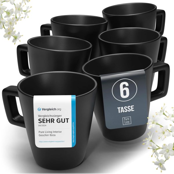 Steingut Kaffeetassen 6 Pers. Manhattan Hochwertiges Urban Style TEST SEHR GUT Tassen Set, Spülmaschinen-, Mikrowellen- und Kratzfest- Stylisches Tee- und Kaffeebecher Set- Pure Living in matt schwarz 1