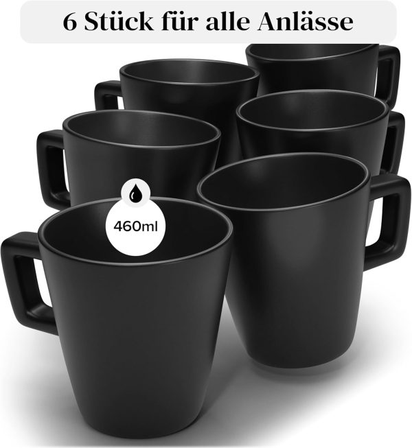 Steingut Kaffeetassen 6 Pers. Manhattan Hochwertiges Urban Style TEST SEHR GUT Tassen Set, Spülmaschinen-, Mikrowellen- und Kratzfest- Stylisches Tee- und Kaffeebecher Set- Pure Living in matt schwarz 3
