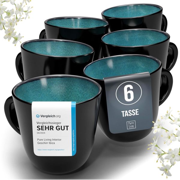 Steingut Kaffeetassen 6 Pers. Ibiza Hochwertiges Mediterranes TEST SEHR GUT Tassen Set, Spülmaschinen-, Mikrowellen- und Kratzfest - Stylisches Tee- und Kaffeebecher Set - Pure Living in Petrol 1