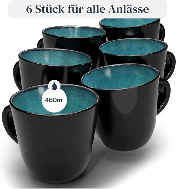 Steingut Kaffeetassen 6 Pers. Ibiza Hochwertiges Mediterranes TEST SEHR GUT Tassen Set, Spülmaschinen-, Mikrowellen- und Kratzfest - Stylisches Tee- und Kaffeebecher Set - Pure Living in Petrol 3