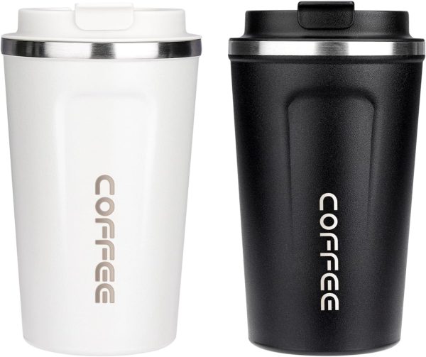 ERBO Kaffeebecher to go, Thermobecher Edelsthal, Auslaufsicher Kaffeetasse Kaffeebecher mit Deckel, Kaffeetasse Thermobecher für Unterwegs Umweltfreundlich, (Weiß + Schwarz) 380ml 1