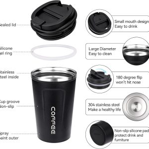 ERBO Kaffeebecher to go, Thermobecher Edelsthal, Auslaufsicher Kaffeetasse Kaffeebecher mit Deckel, Kaffeetasse Thermobecher für Unterwegs Umweltfreundlich, (Weiß + Schwarz) 380ml 9