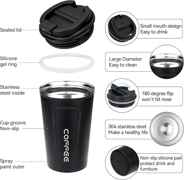 ERBO Kaffeebecher to go, Thermobecher Edelsthal, Auslaufsicher Kaffeetasse Kaffeebecher mit Deckel, Kaffeetasse Thermobecher für Unterwegs Umweltfreundlich, (Weiß + Schwarz) 380ml 3
