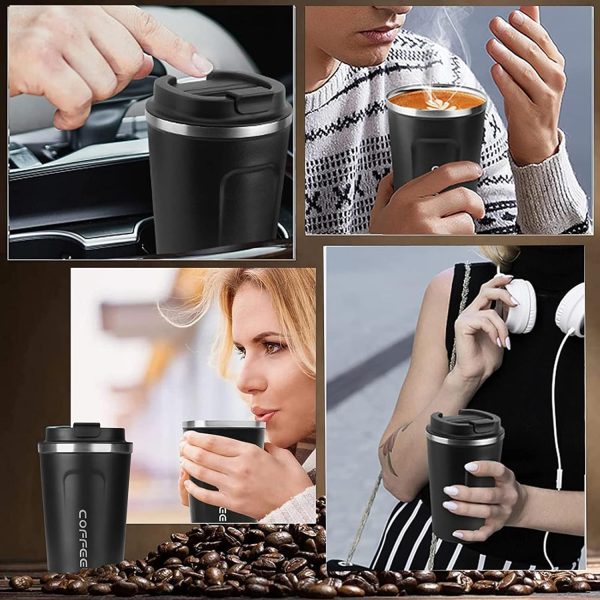 ERBO Kaffeebecher to go, Thermobecher Edelsthal, Auslaufsicher Kaffeetasse Kaffeebecher mit Deckel, Kaffeetasse Thermobecher für Unterwegs Umweltfreundlich, (Weiß + Schwarz) 380ml 6