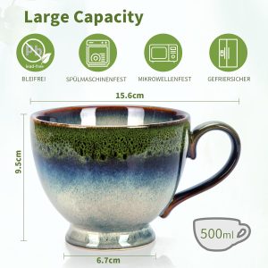 TELANKS Kaffeetasse Groß, 500 ml Große Tasse, Cappuccino Tassen Steingut, Tasse Keramik, Kaffeetasse aus Porzellan, Teetasse mit Henkel, Kaffeebecher Steingut 13
