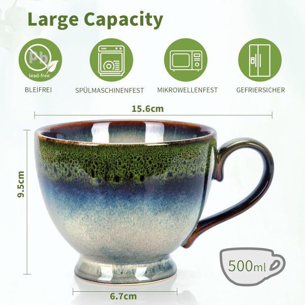 TELANKS Kaffeetasse Groß, 500 ml Große Tasse, Cappuccino Tassen Steingut, Tasse Keramik, Kaffeetasse aus Porzellan, Teetasse mit Henkel, Kaffeebecher Steingut 4