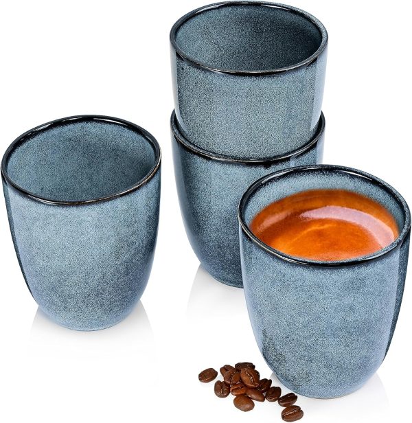 Sänger | Tasse ohne Henkel Darwin 4 tlg, Kaffee Gläser 4 Personen, Steingut Kaffee Becher, Kaffeebecher ohne Henkel Handmade, Mokka Tassen Set, Kaffeebecher Set Blau 300 ml | PREMIUM COLLECTION 1