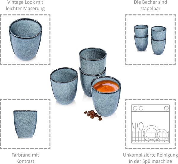Sänger | Tasse ohne Henkel Darwin 4 tlg, Kaffee Gläser 4 Personen, Steingut Kaffee Becher, Kaffeebecher ohne Henkel Handmade, Mokka Tassen Set, Kaffeebecher Set Blau 300 ml | PREMIUM COLLECTION 2