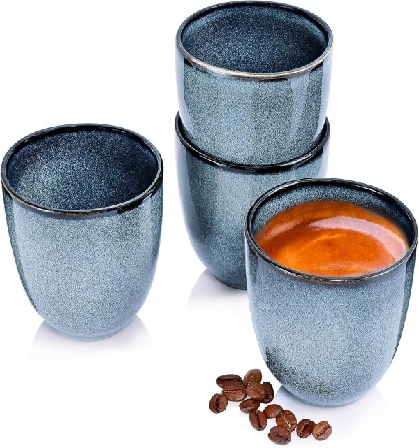 Sänger | Tasse ohne Henkel Darwin 4 tlg, Kaffee Gläser 4 Personen, Steingut Kaffee Becher, Kaffeebecher ohne Henkel Handmade, Mokka Tassen Set, Kaffeebecher Set Blau 180 ml | PREMIUM COLLECTION 1