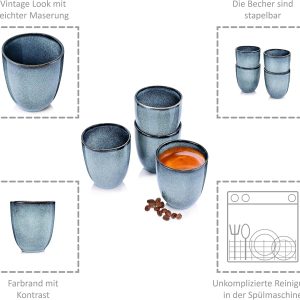Sänger | Tasse ohne Henkel Darwin 4 tlg, Kaffee Gläser 4 Personen, Steingut Kaffee Becher, Kaffeebecher ohne Henkel Handmade, Mokka Tassen Set, Kaffeebecher Set Blau 180 ml | PREMIUM COLLECTION 7