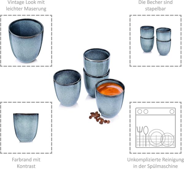 Sänger | Tasse ohne Henkel Darwin 4 tlg, Kaffee Gläser 4 Personen, Steingut Kaffee Becher, Kaffeebecher ohne Henkel Handmade, Mokka Tassen Set, Kaffeebecher Set Blau 180 ml | PREMIUM COLLECTION 3