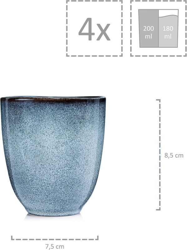 Sänger | Tasse ohne Henkel Darwin 4 tlg, Kaffee Gläser 4 Personen, Steingut Kaffee Becher, Kaffeebecher ohne Henkel Handmade, Mokka Tassen Set, Kaffeebecher Set Blau 180 ml | PREMIUM COLLECTION 4