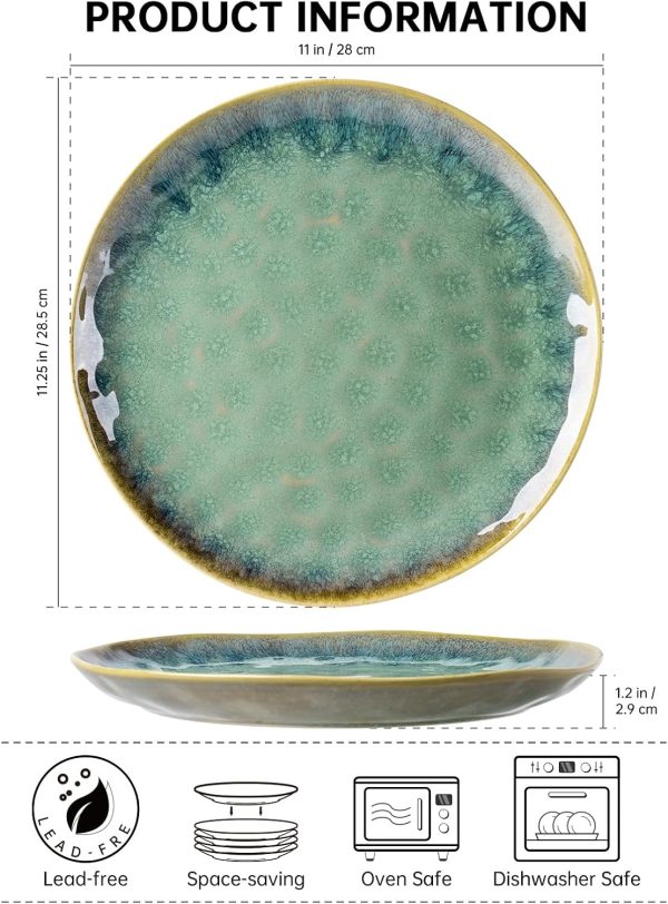 Henten Home 4 teilig Teller Steingut, Grün Dessertteller Frühstücksteller- Flache Kuchenteller Salatteller Set für 4 Personen, Speiseteller Set 2