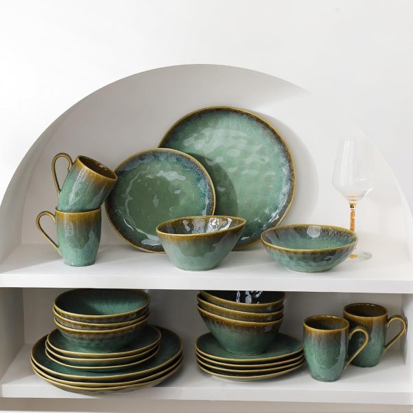 Henten Home 4 teilig Teller Steingut, Grün Dessertteller Frühstücksteller- Flache Kuchenteller Salatteller Set für 4 Personen, Speiseteller Set 3
