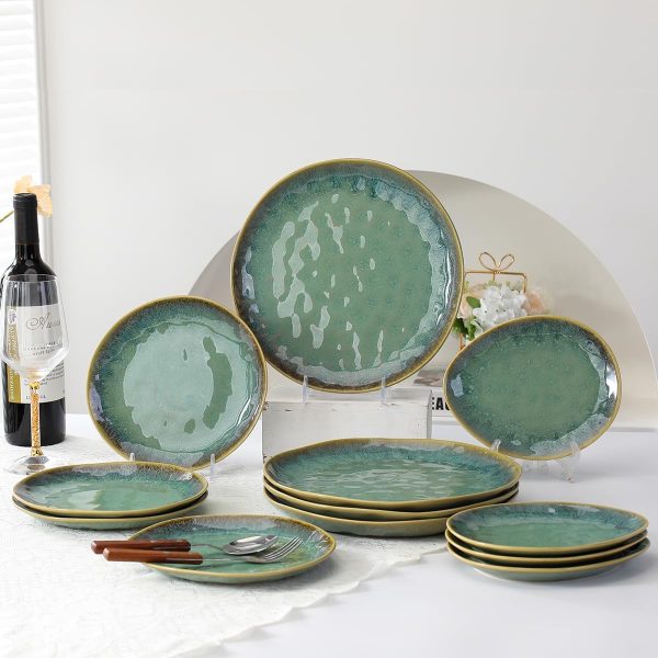 Henten Home 4 teilig Teller Steingut, Grün Dessertteller Frühstücksteller- Flache Kuchenteller Salatteller Set für 4 Personen, Speiseteller Set 4
