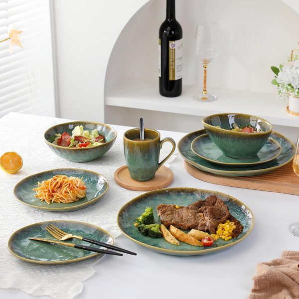 Henten Home 4 teilig Teller Steingut, Grün Dessertteller Frühstücksteller- Flache Kuchenteller Salatteller Set für 4 Personen, Speiseteller Set 5