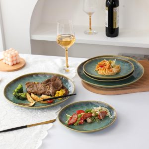 Henten Home 4 teilig Teller Steingut, Grün Dessertteller Frühstücksteller- Flache Kuchenteller Salatteller Set für 4 Personen, Speiseteller Set 18