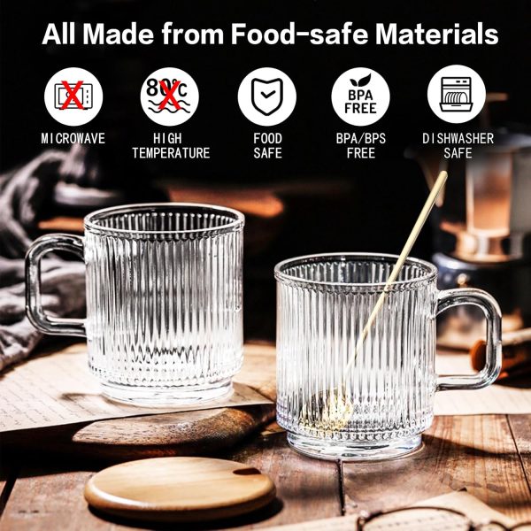 Anhow 4er Cappuccino Tassen, 350ml Latte Macchiato Gläser mit Deckel und Löffel Gläser Geriffelt Espresso Tassen Set Kaffeegläser für Latte/Cappuccino/Getränke/Tee/Kaffee 3