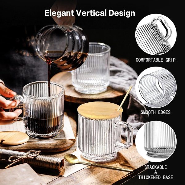 Anhow 4er Cappuccino Tassen, 350ml Latte Macchiato Gläser mit Deckel und Löffel Gläser Geriffelt Espresso Tassen Set Kaffeegläser für Latte/Cappuccino/Getränke/Tee/Kaffee 4