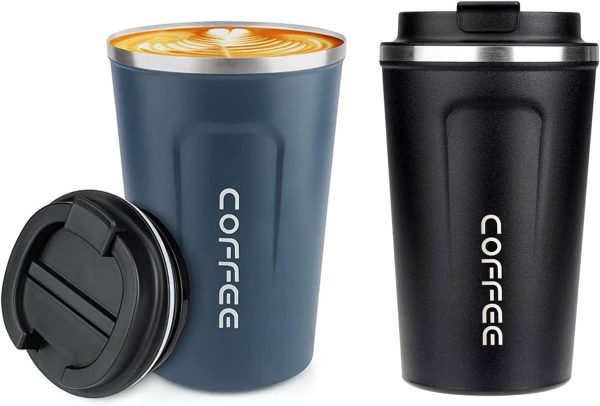 ERBO Kaffeebecher to go, Thermobecher Edelsthal, Auslaufsicher Kaffeetasse Kaffeebecher mit Deckel, Kaffeetasse Thermobecher für Unterwegs Umweltfreundlich, (Blau + Schwarz) 380ml 1