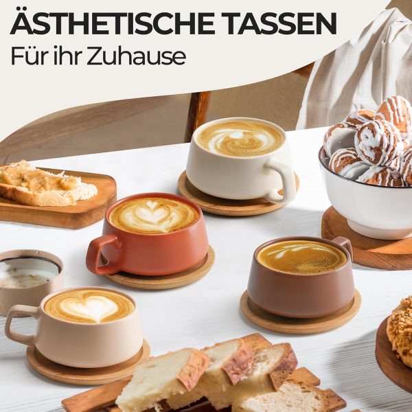 MIAMIO - 4 x 320 ml Kaffeetassen/Cappuccino Tassen mit Unterteller/elegant/modern/Kaffeebecher aus Steingut - Luxe Kollektion 4er Set (Beige Pastell) 2