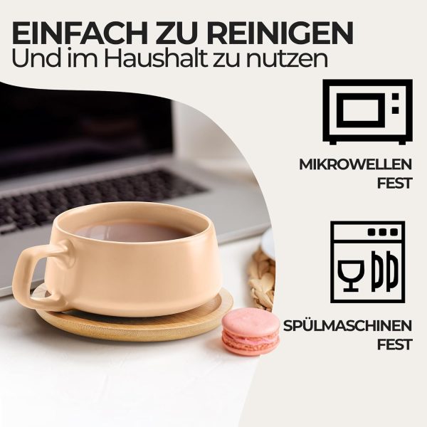MIAMIO - 4 x 320 ml Kaffeetassen/Cappuccino Tassen mit Unterteller/elegant/modern/Kaffeebecher aus Steingut - Luxe Kollektion 4er Set (Beige Pastell) 4