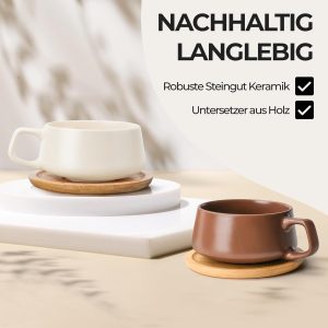 MIAMIO - 4 x 320 ml Kaffeetassen/Cappuccino Tassen mit Unterteller/elegant/modern/Kaffeebecher aus Steingut - Luxe Kollektion 4er Set (Beige Pastell) 13