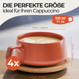 MIAMIO - 4 x 320 ml Kaffeetassen/Cappuccino Tassen mit Unterteller/elegant/modern/Kaffeebecher aus Steingut - Luxe Kollektion 4er Set (Beige Pastell) 15